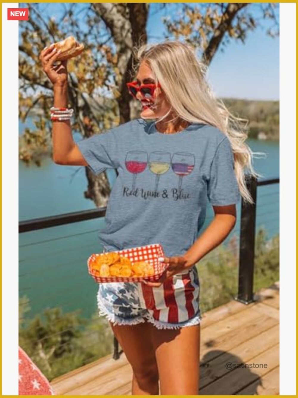 Patriotic American Flag T-Shirt Funny Wine Glass Graphic Tee 4th of July - Picture 5 of 7